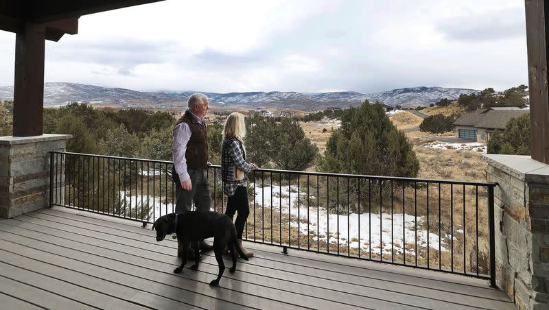 George Glass, former U.S. ambassador to Portugal, and his wife, Mary, look over the view at their home in Heber City on Wednesday, Dec. 20, 2023. George Glass, a Catholic, supports construction of a Latter-day Saint temple near his home.