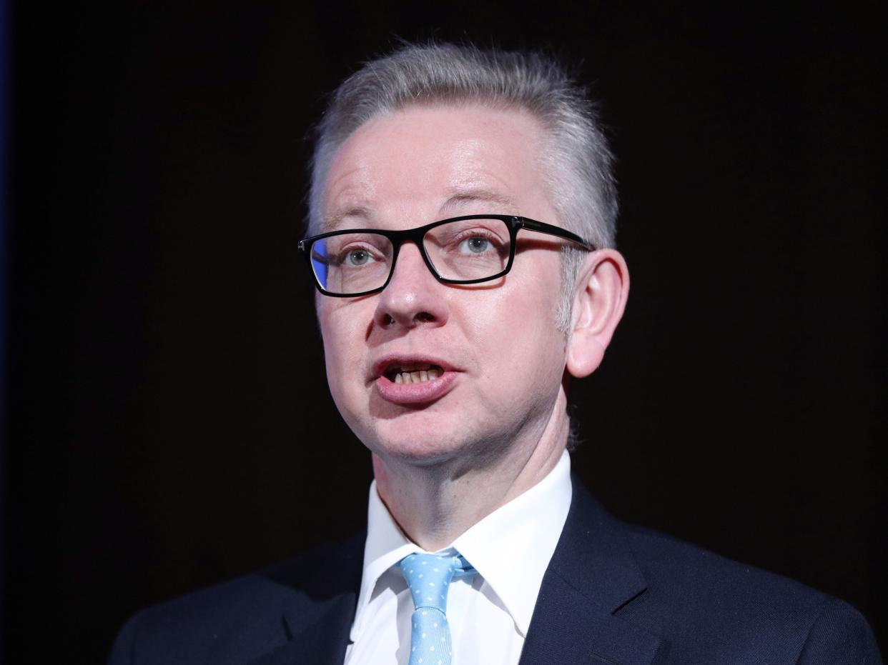 Environment Secretary Michael Gove speaking at the V&A Museum, London during the Step Up To The Plate event, where food giant Nestle and major supermarkets Tesco, Sainsbury's and Waitrose pledges to help halve food waste by 2030. (Photo by Jonathan Brady/PA Images via Getty Images)