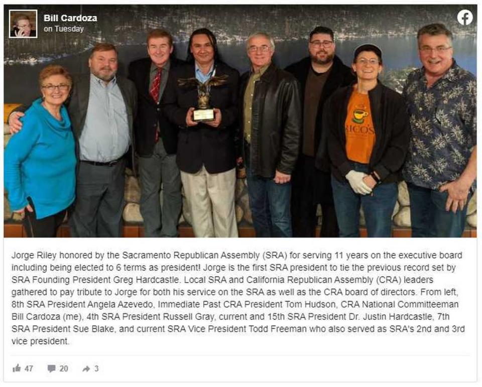 In a Facebook post created Tuesday, March 9, 2021, by California Republican Assembly national committeeman Bill Cardoza, Capitol riot suspect Jorge Riley, center, is seen being honored with an award for his service to the Sacramento Republican Assembly. The post came two months after Riley was allegedly involved with the insurrection in Washington, D.C., in which he has been charged.