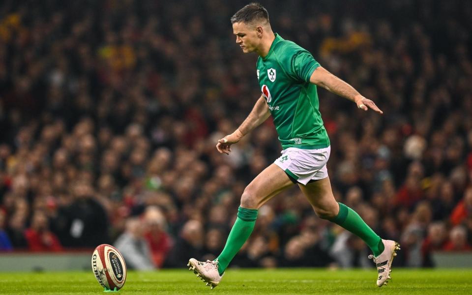 Jonathan Sexton of Ireland kicks a conversion during the Guinness Six Nations Rugby Championship match between Wales and Ireland at Principality Stadium in Cardiff, Wales - Getty Images/Brendan Moran