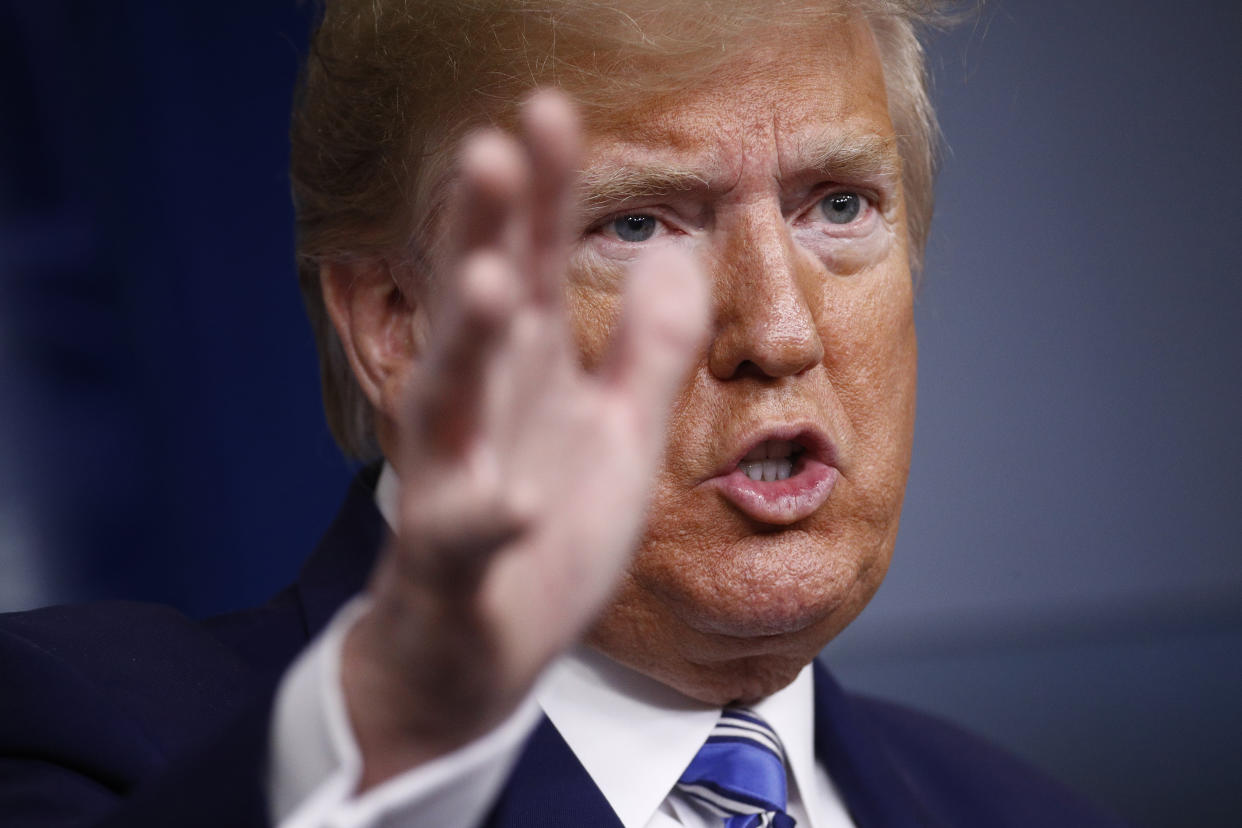 President Donald Trump speaks during a coronavirus task force briefing at the White House, Sunday, April 19, 2020, in Washington. (AP Photo/Patrick Semansky)