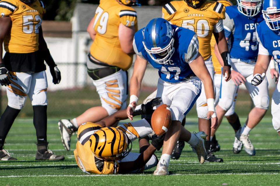 Conwell-Egan senior linebacker Gavin Pond recovers a fumble and races 61 yards for a touchdown in a 47-6 win over Kensington.