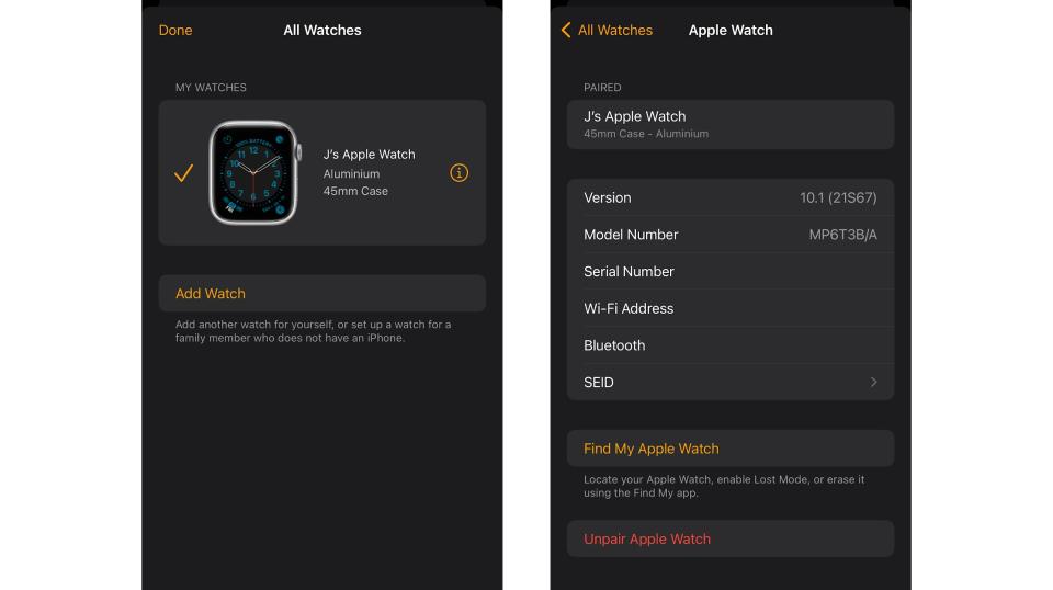 Screenshots showing how to unpair an Apple Watch