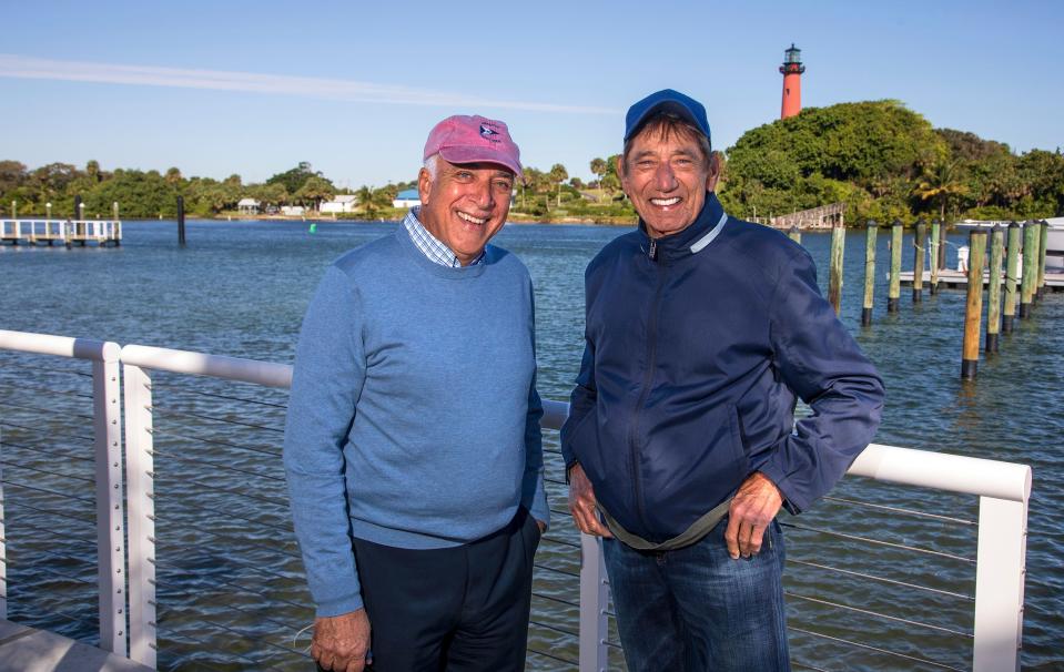 Charles Modica and Joe Namath behind their new Love Street entertainment project, Charlie and Joe's, in Jupiter Tuesday, Dec. 1, 2020.  