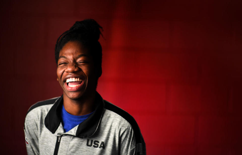 Maame Biney has a lot to smile about and couldn’t be happier about her recent win to compete with Team USA. (Photo: Getty Images)