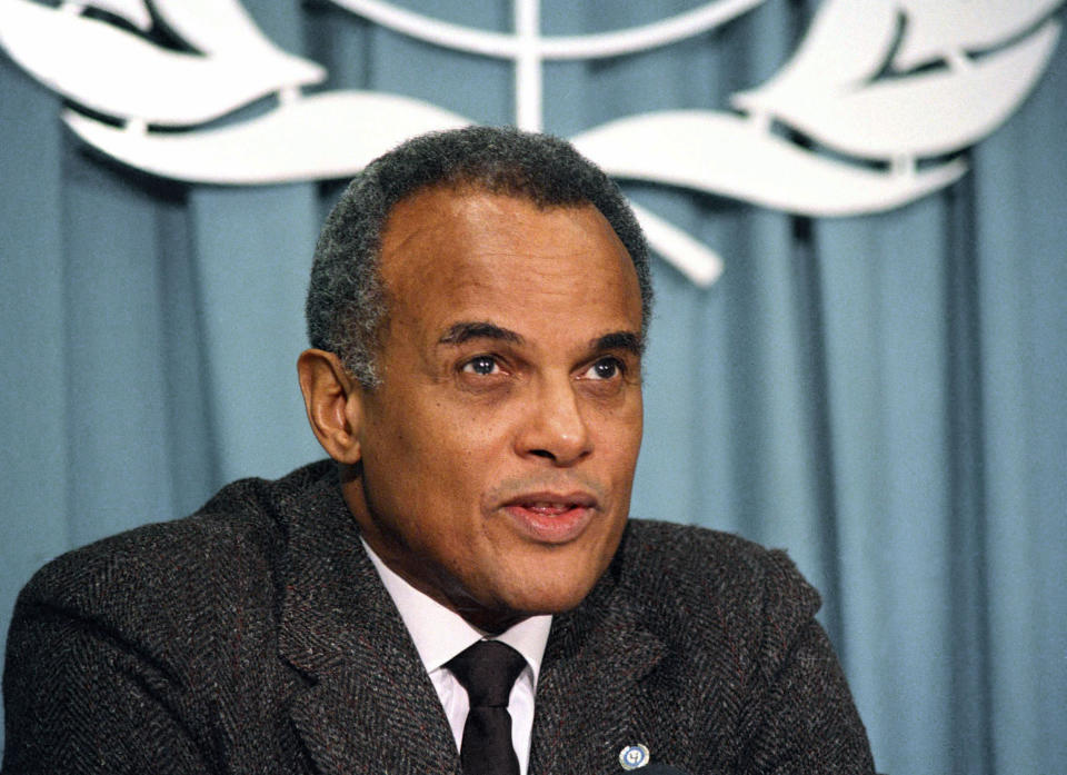 FILE - Harry Belafonte, newly appointed goodwill ambassador for the United Nations Children's Fund (UNICEF) speaks at a news conference at the UN in New York, March 4, 1987. Belafonte died Tuesday of congestive heart failure at his New York home. He was 96. (AP Photo/Richard Drew, File)