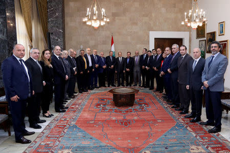 Lebanese President Michel Aoun meets with Lebanese journalists and media executives at the presidential palace in Baabda, Lebanon, November 15, 2017. Dalati Nohra/Handout via REUTERS