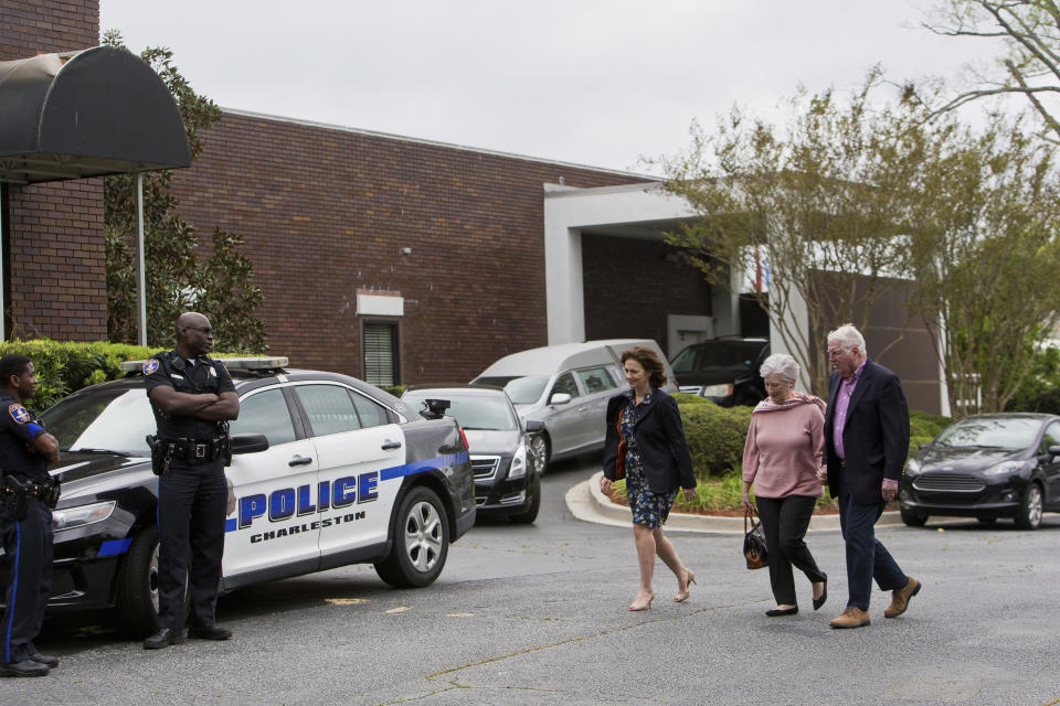 Friends and loved ones pay their respects during a visitation for former U.S. senator and South Carolina Gov. Ernest Frederick "Fritz" Hollings at James A. McAlister Funerals and Cremation, Sunday, April 14, 2019, in the West Ashley area of Charleston, S.C. Hollins died on April 6 at the age of 97. (Andrew J. Whitaker/The Post And Courier via AP)