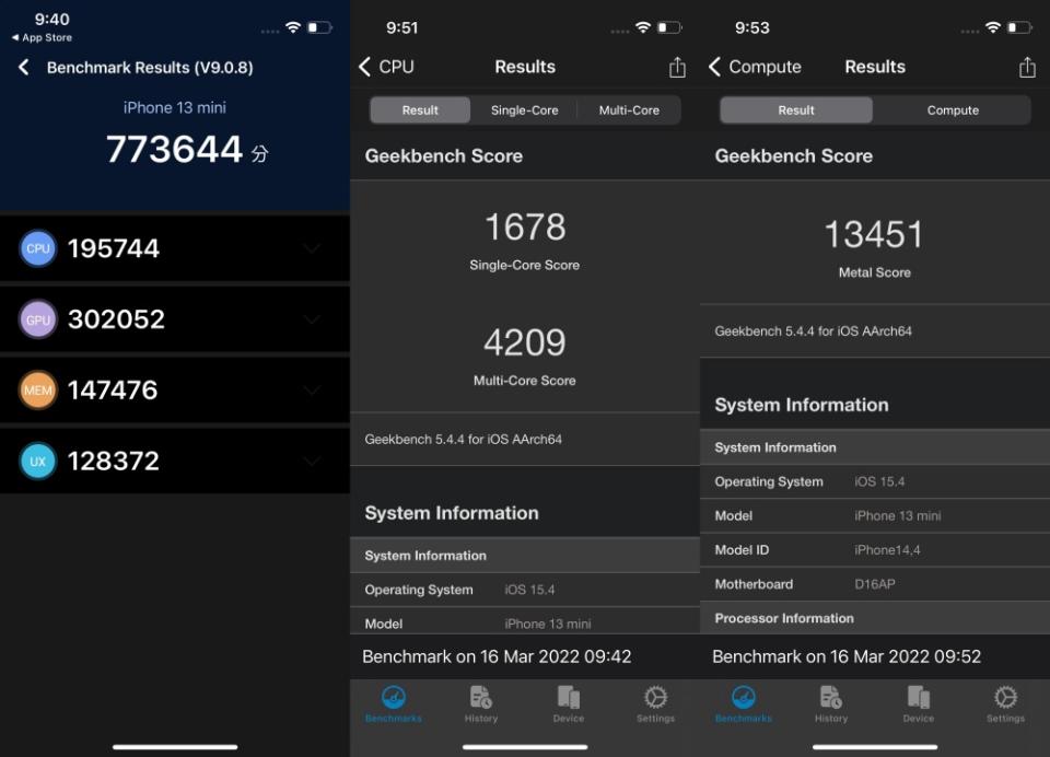 ▲iPhone 13 mini搭載的A15Bionic處理器運算效能