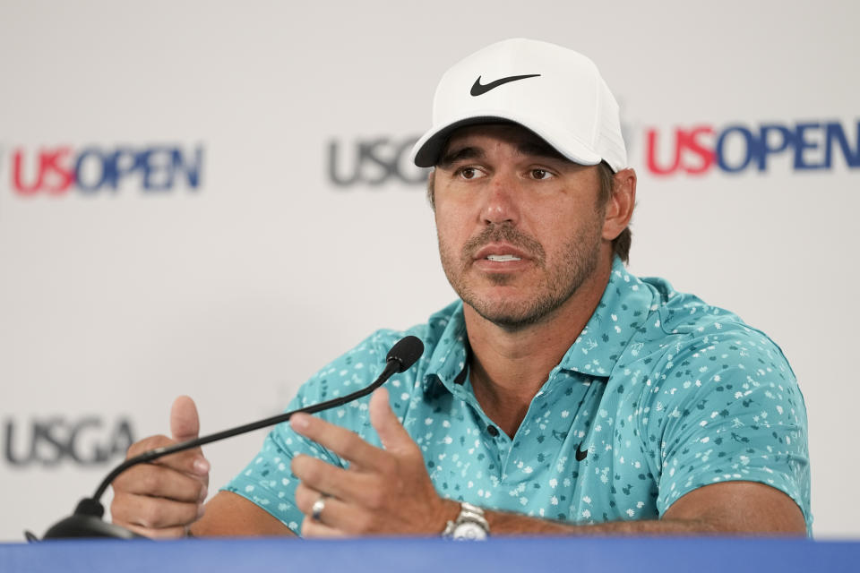 Brooks Koepka speaks during a news conference before the U.S. Open Championship golf tournament at The Los Angeles Country Club on Tuesday, June 13, 2023, in Los Angeles. (AP Photo/Chris Carlson)