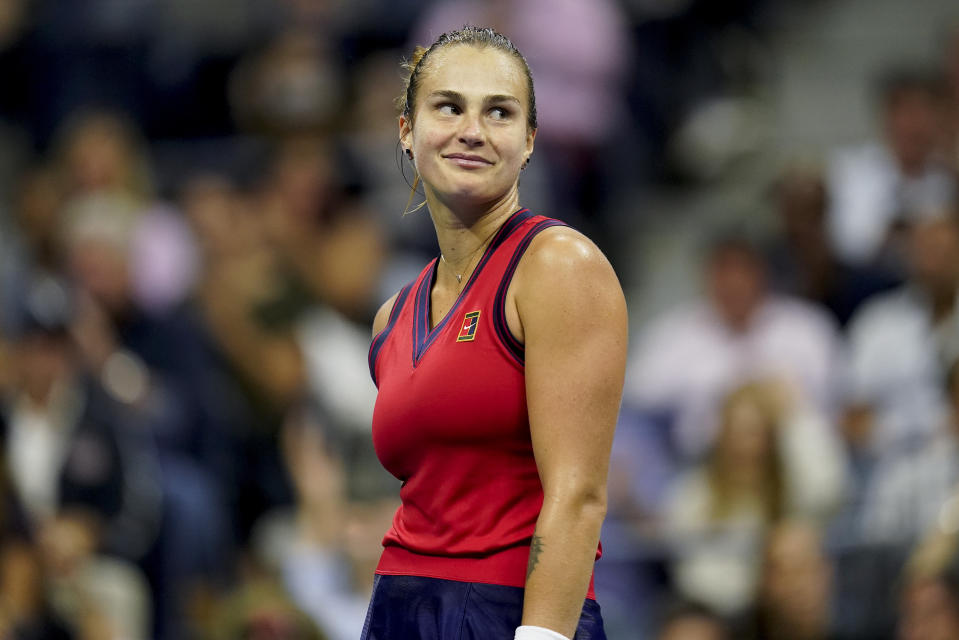 Aryna Sabalenka,of Belarus, reacts after losing a point to Leylah Fernandez, of Canada, during the semifinals of the US Open tennis championships, Thursday, Sept. 9, 2021, in New York. (AP Photo/Seth Wenig)