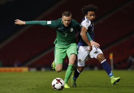 Britain Football Soccer - Scotland v Slovenia - 2018 World Cup Qualifying European Zone - Group F - Hampden Park, Glasgow, Scotland - 26/3/17 Slovenia's Josip Ilicic in action with Scotland's Ikechi Anya Reuters / Russell Cheyne Livepic