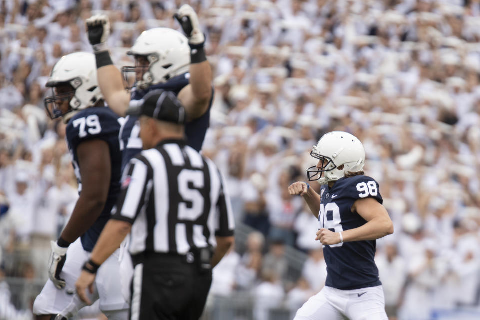 Penn State kicker Jordan Stout (98) celebrates his 57-yard field goal in the second quarter of an NCAA college football game against Pittsburgh in State College, Pa., on Saturday, Sept. 14, 2019. (AP Photo/Barry Reeger)