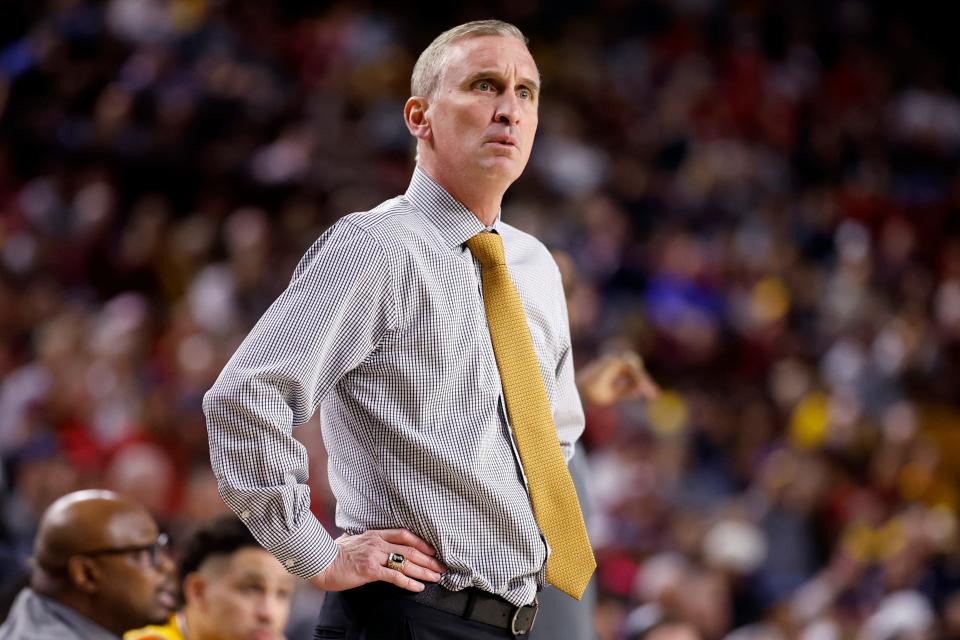 Head coach Bobby Hurley of the Arizona State Sun Devils reacts to a foul call during the first half against the Arizona Wildcats at Desert Financial Arena on Feb. 28, 2024 in Tempe.