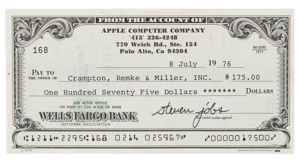 Steve Jobs於1976年簽名的支票拍賣，以106985美元成交