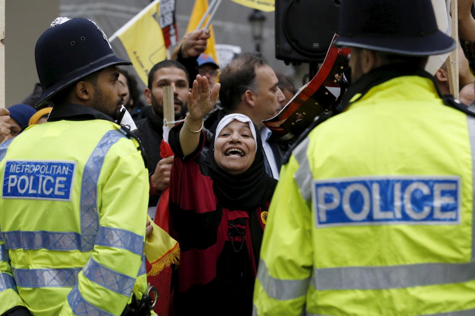 Demonstrators protest against Egypt's President Abdel Fattah al-Sisi while he met with Britain's Prime Minister in London, Britain, on Nov. 5, 2015.
