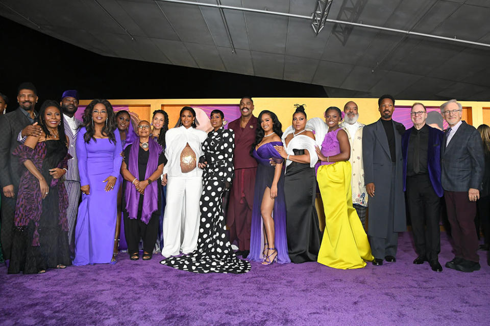 LOS ANGELES, CALIFORNIA - DECEMBER 06: (L-R) Deon Cole, Brenda Russell, Blitz Bazawule, Danielle Brooks, Alice Walker, Alicia Keys, Ciara and Fantasia Barrino-Taylor, Colman Domingo, Gabriella Wilson aka H.E.R., Taraji P. Henson, Phylicia Pearl Mpasi, David Alan Grier, Corey Hawkins, Scott Sanders, and Steven Spielberg