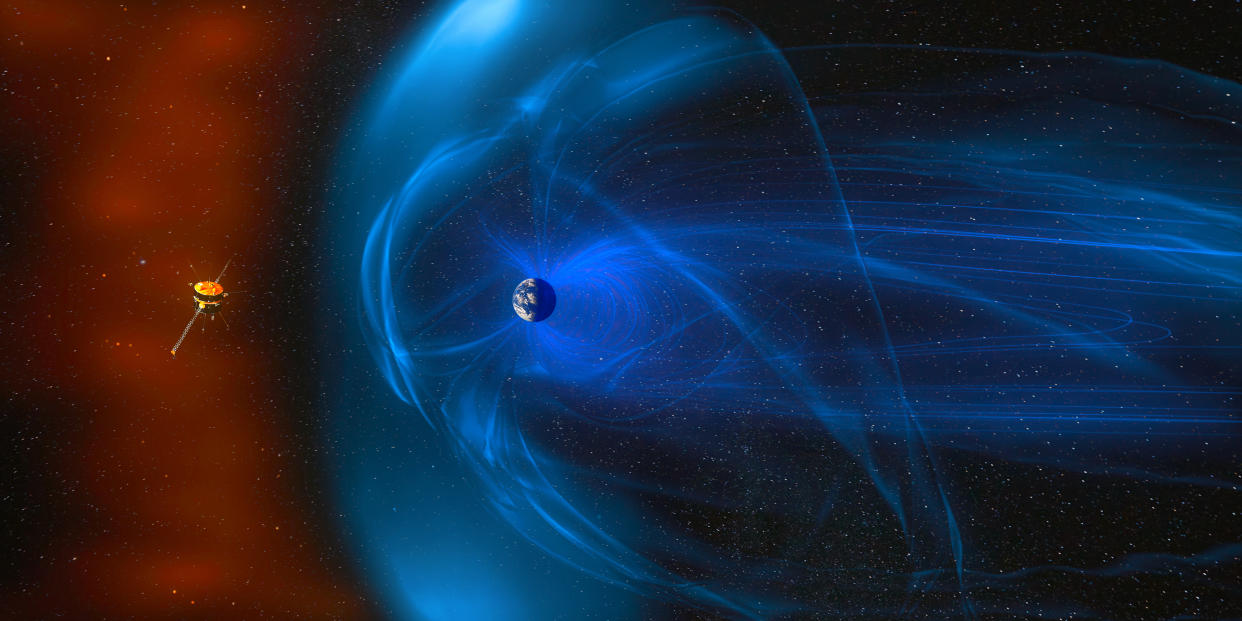 Magnetic lines of force surrounding Earth known as the magnetosphere against Sun s solar wind. Earth's magnetic field, the flow of particles. Element of this image furnished by NASA.