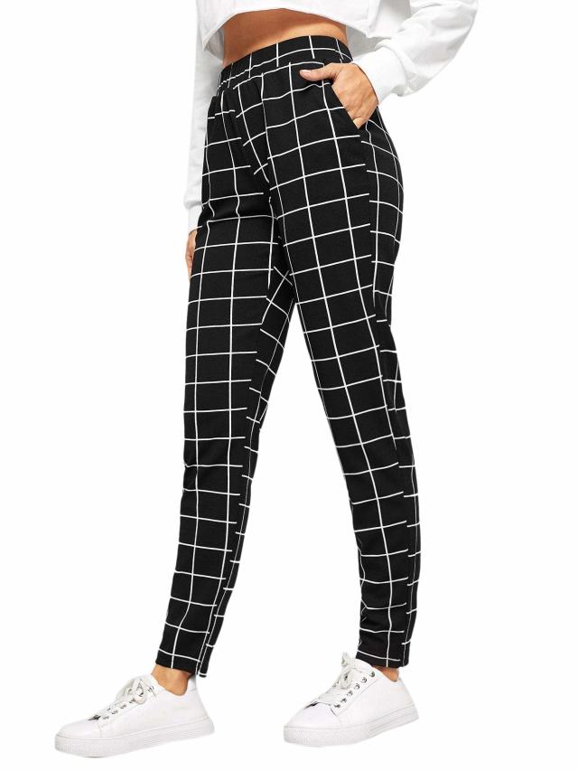 LEEy-World Wide Leg Pants for Women Women's High Elastic Waist Plaid Print  Pants Straight Leg Stretch Pants Trousers Black,3XL 