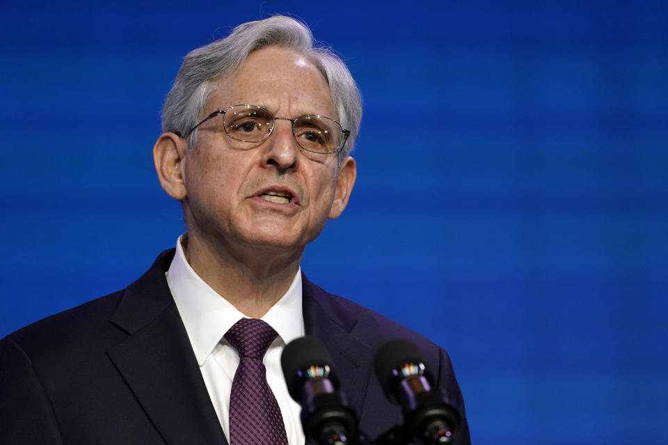 Attorney General nominee Judge Merrick Garland speaks during an event with President-elect Joe Biden and Vice President-elect Kamala Harris at The Queen theater in Wilmington, Del., Thursday, Jan. 7, 2021. (AP Photo/Susan Walsh)