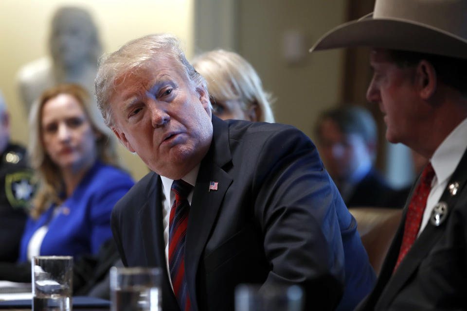 <p> President Donald Trump listens as he leads a roundtable discussion on border security with local leaders, Friday, Jan. 11, 2019, in the Cabinet Room of the White House in Washington. (AP Photo/Jacquelyn Martin) </p>