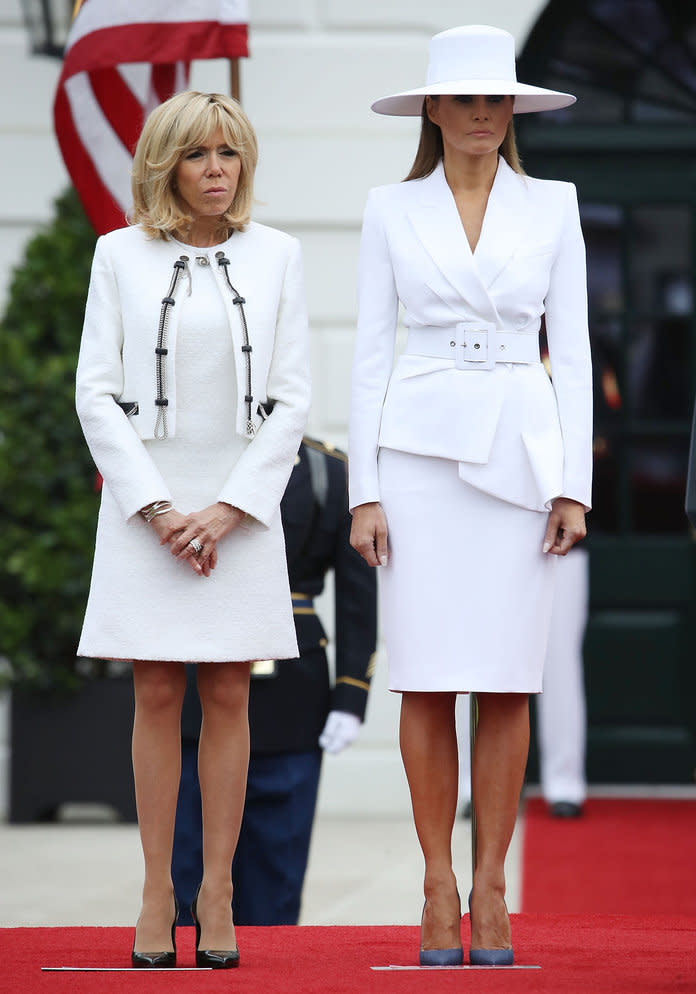 <p>in a $2,195 Michael Kors blazer with a belt and matching pencil skirt plus a massive custom Hervé Pierre hat for French President Emmanuel Macron and First Lady Brigitte Macron's White House arrival. Hard not to notice, the hat was compared to something <em>Scandal</em>'s Olivia Pope would wear by many on social media.</p>