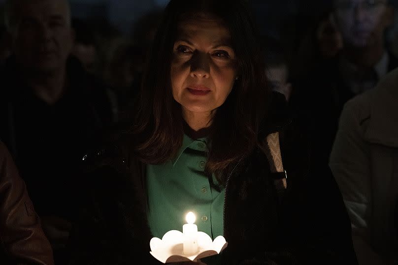 A woman takes part in a pro-life march in Zagreb, Croatia, Friday, March 15, 2024.