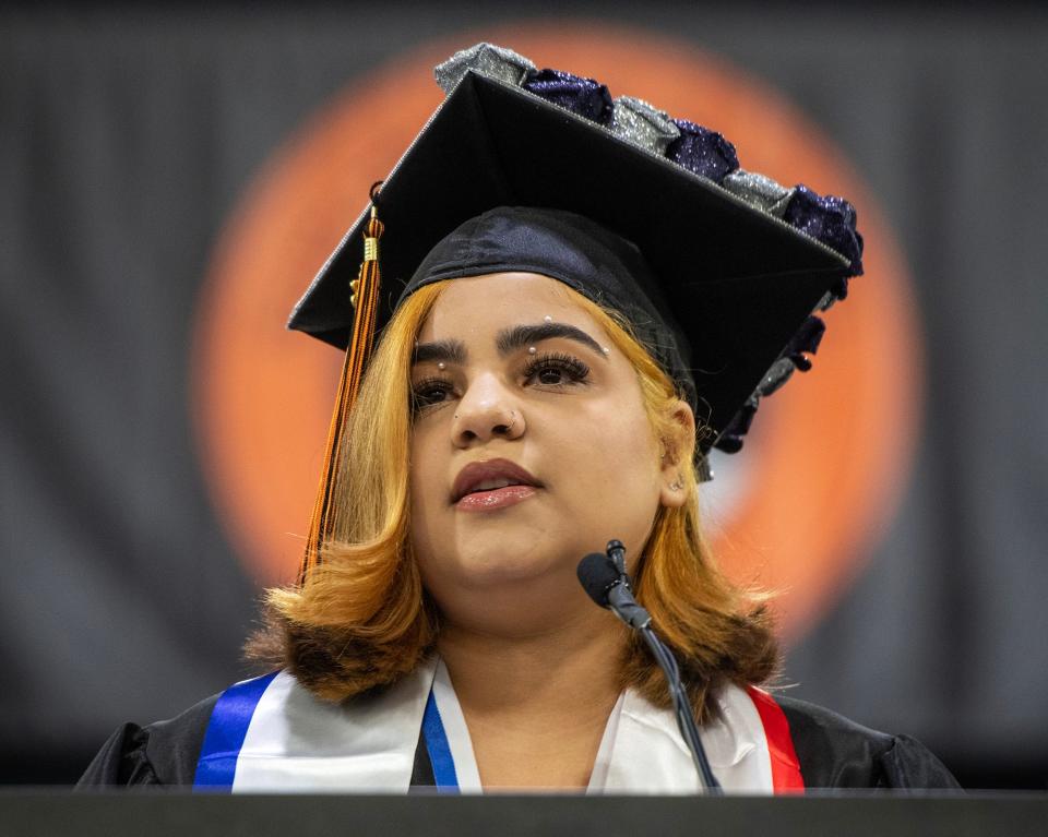 Valedictorian Yuliana Sanchez Reyes speaks during the North High School commencement Monday at the DCU Center.