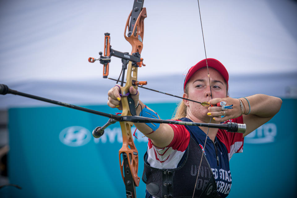 PARIS, FRANCE - JUNE 19: In this handout image provided by the World Archery Federation, Casey Kaufhold of USA during the recurve women's team final at the final qualifier for the Tokyo 2020 Olympic Games in Paris, France.  (Photo by Dean Alberga/Handout/World Archery Federation via Getty Images )