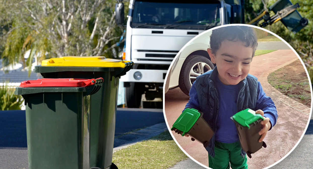 Sydney boy Anthony with his two new toy bins from garbage man Wayne inset over an image of a garbage truck collecting rubbish. 