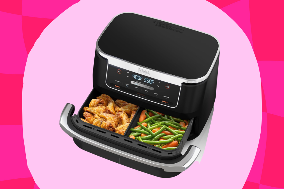 Ninja air fryer on pink background