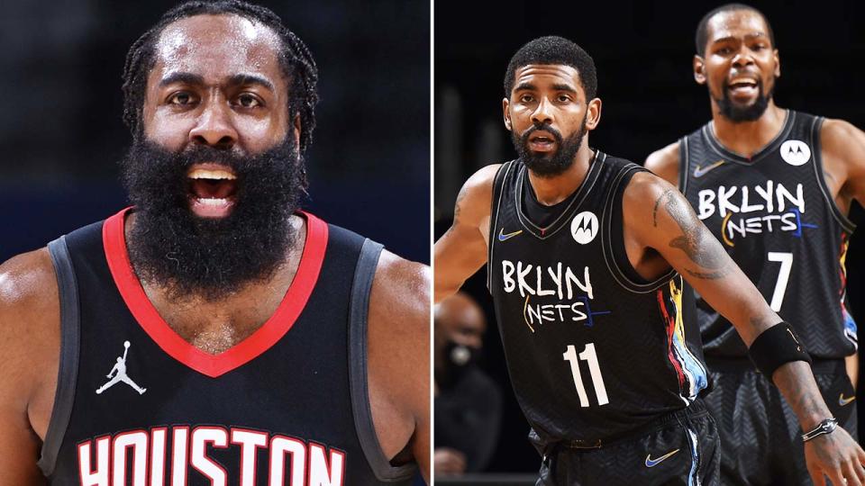 James Harden, Kyrie Irving and Kevin Durant, pictured here in action in the NBA.