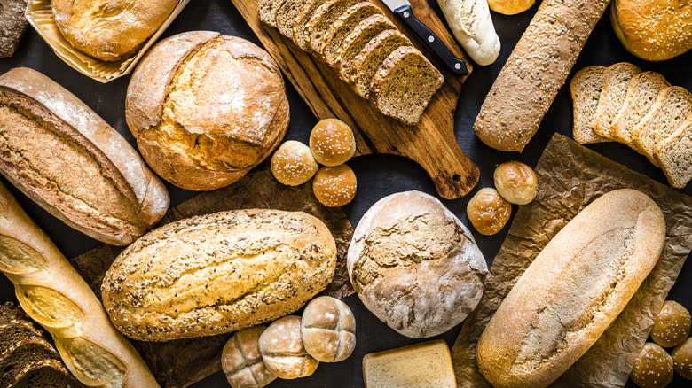 Top view of types of bread loaves and rolls