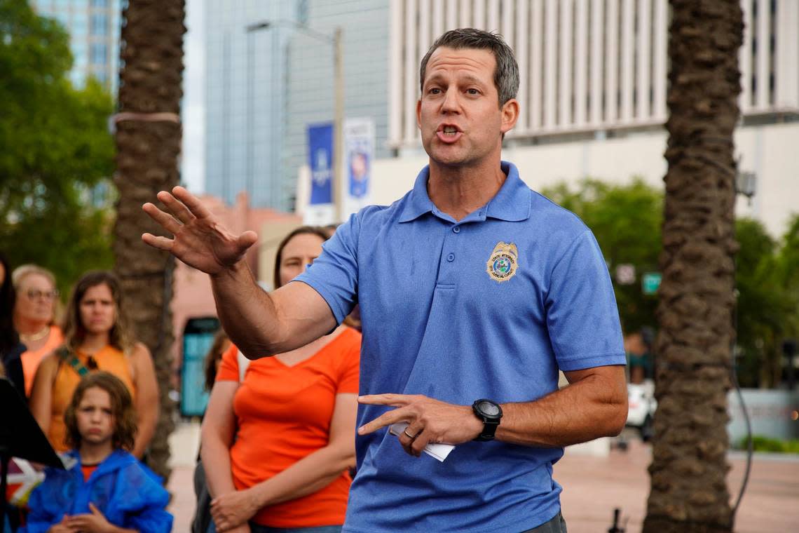 Andrew Warren, state attorney of the 13th Judicial Circuit, speaks to the Florida Chapters of Moms Demand Action and Students Demand Action, June 3, 2022 in Tampa. Florida Gov. Ron DeSantis on Thursday, Aug. 4, 2022 suspended the elected state prosecutor in Tampa for pledging not to enforce the state’s new 15-week abortion ban and for supporting gender transition treatments for minors.