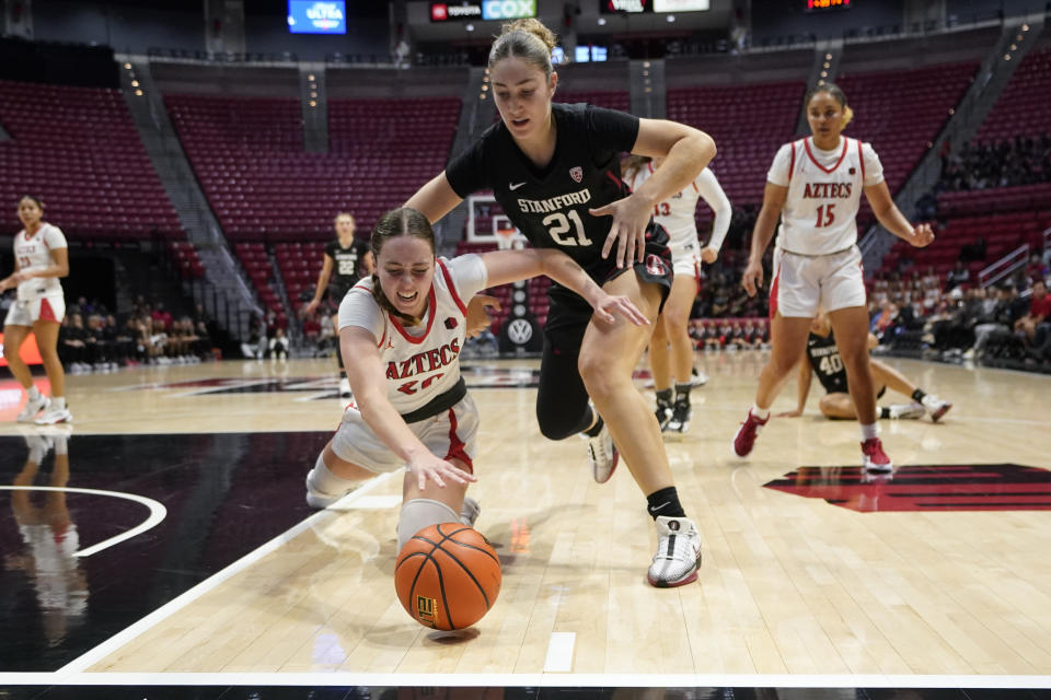 Stanford forward Brooke Demetre (21) battles San Diego State guard Sarah Marcello for a loose ball during the first half of an NCAA college basketball game, Friday, Dec. 1, 2023, in San Diego. (AP Photo/Gregory Bull)