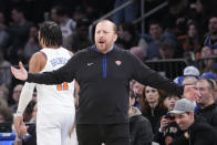 New York Knicks head coach Tom Thibodeau reacts in the first half of an NBA basketball game against the Los Angeles Clippers, Saturday, Feb. 4, 2023, at Madison Square Garden in New York. (AP Photo/Mary Altaffer)