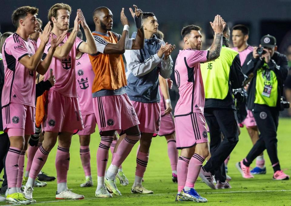 Inter Miami forward Lionel Messi (10) cheers for fans alongside his teammates after they defeated Real Salt Lake 2 to 0 during their MLS season opener at Chase Stadium on Wednesday, Feb. 21, 2024, in Fort Lauderdale, Fla.