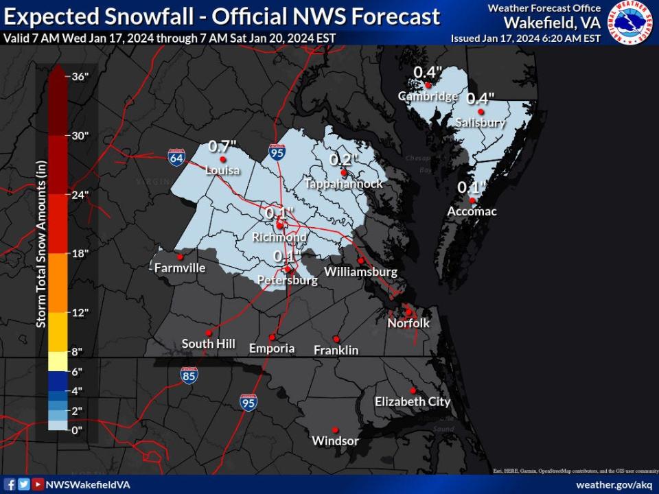 This map from the National Weather Service shows how much snowfall is expected in the Salisbury area and beyond Friday, Jan. 19, 2024.