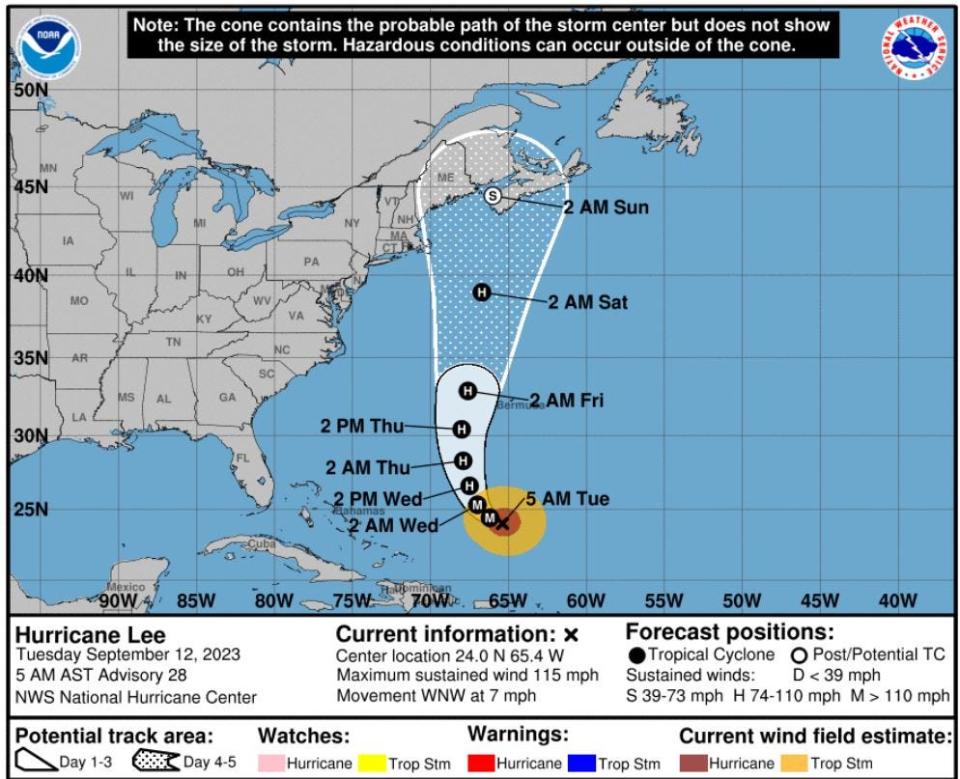 Hurricane Lee five day forecast track, Sept. 12, 2023.