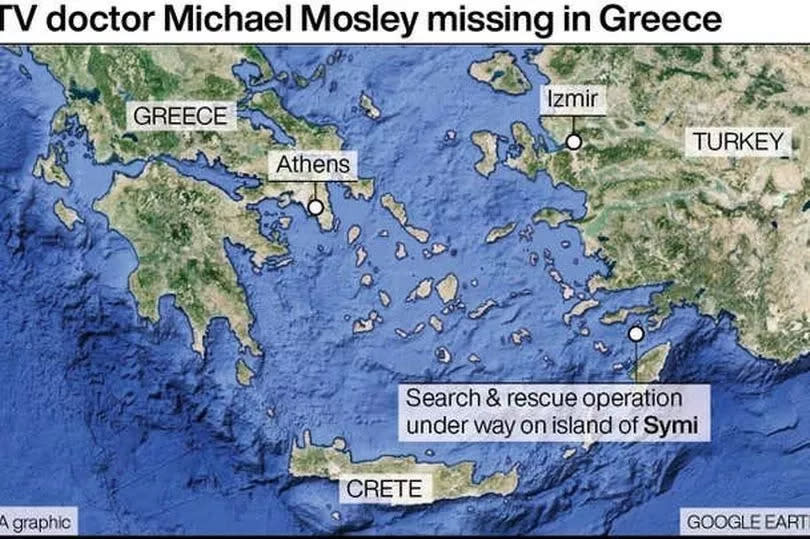 A map showing the location of Symi, where the search for Dr Michael Mosley is taking place -Credit:PA