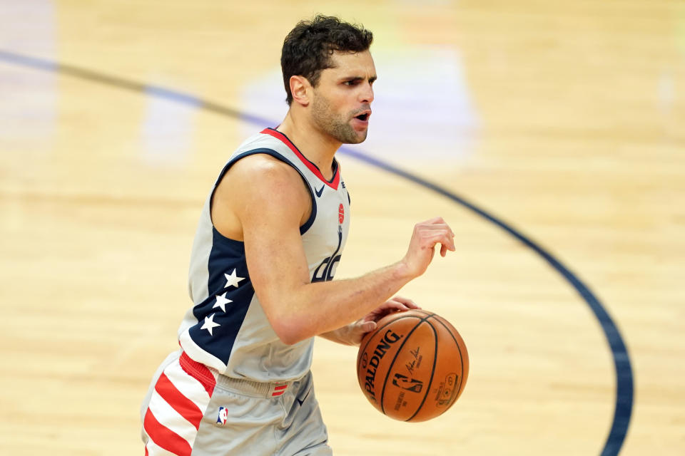 Apr 9, 2021; San Francisco, California, USA; Washington Wizards guard Raul Neto (19) dribbles during the second quarter against the Golden State Warriors at Chase Center. 