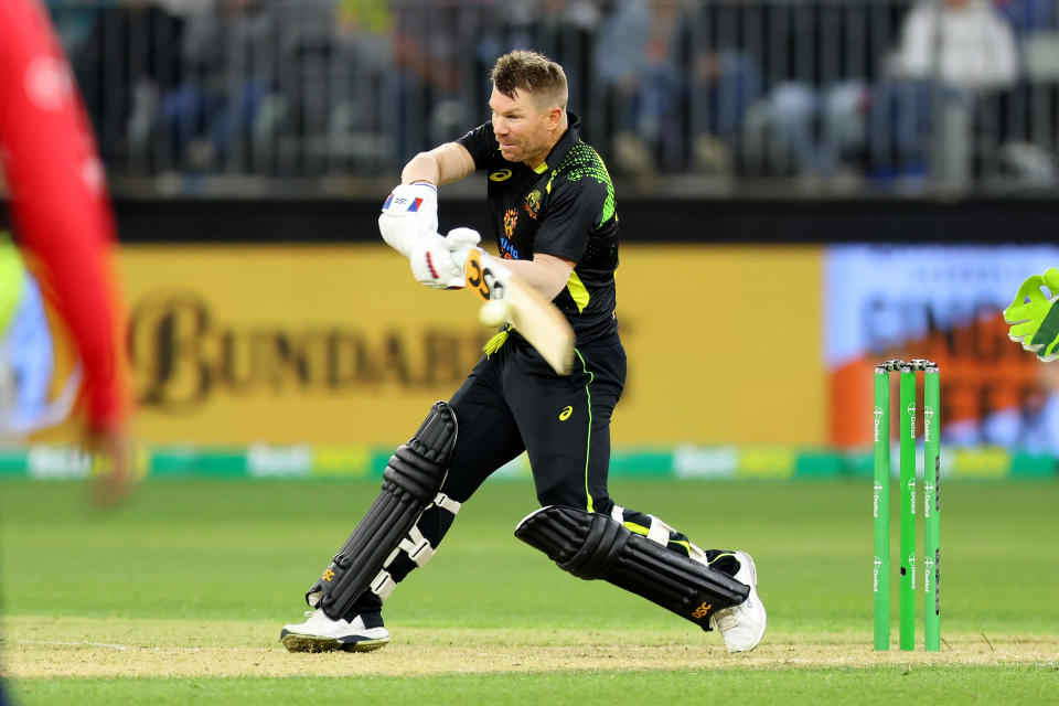 David Warner, pictured here in action for Australia during the second T20 between Australia and England.