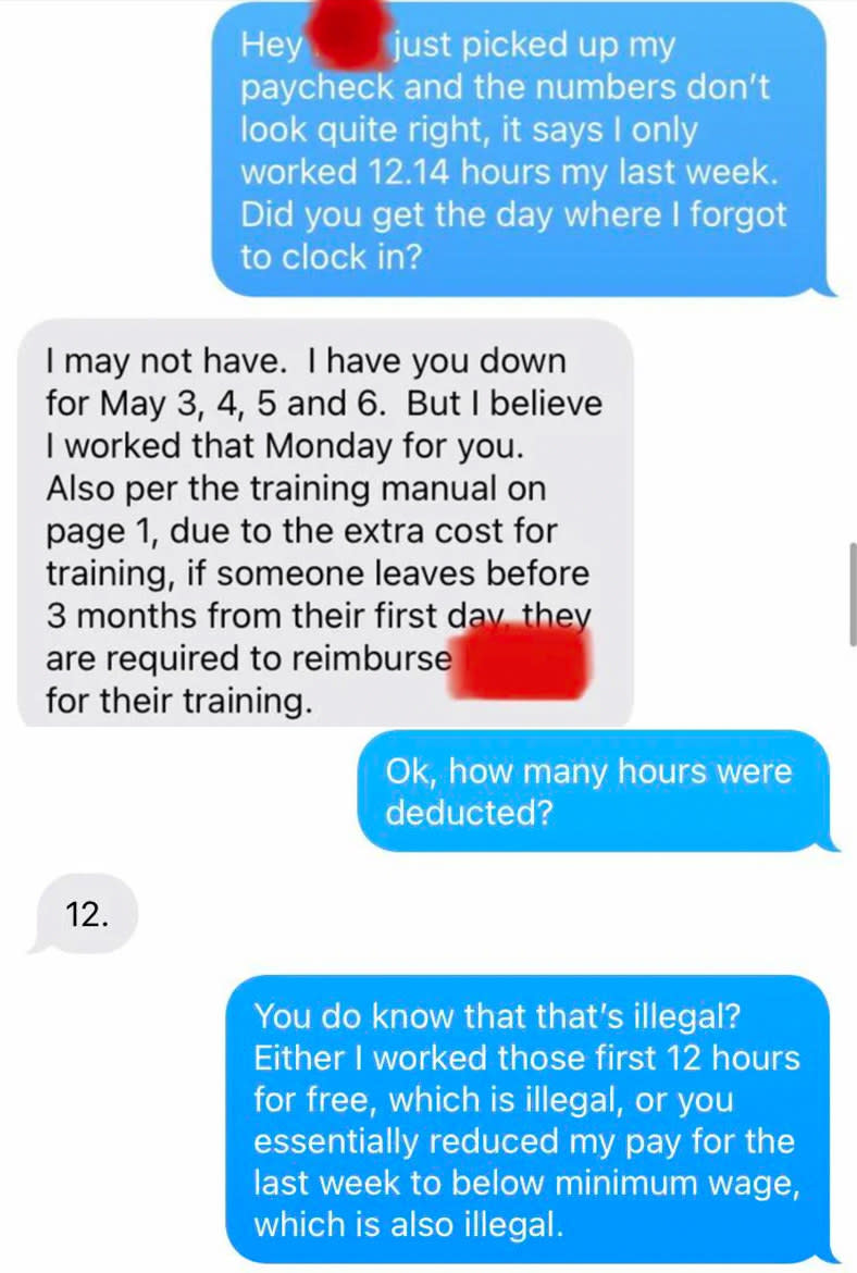 texts between manager and former employee where the manager is trying to dock 12 hours pay
