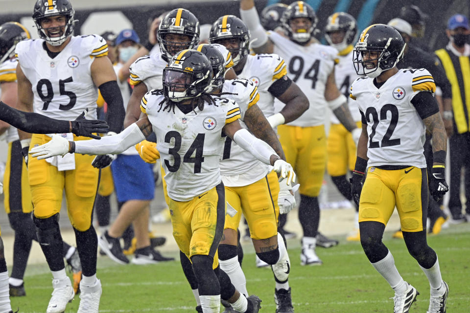 Pittsburgh Steelers safety Terrell Edmunds (34) celebrates with teammates after he intercepted a Jacksonville Jaguars pass during the second half of an NFL football game, Sunday, Nov. 22, 2020, in Jacksonville, Fla. (AP Photo/Phelan M. Ebenhack)