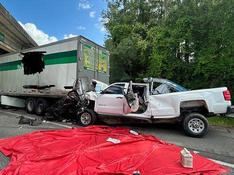 Part of a crash that injured eight people Sunday afternoon at mile marker 396 in the southbound lanes of Interstate 75 in Alachua County.