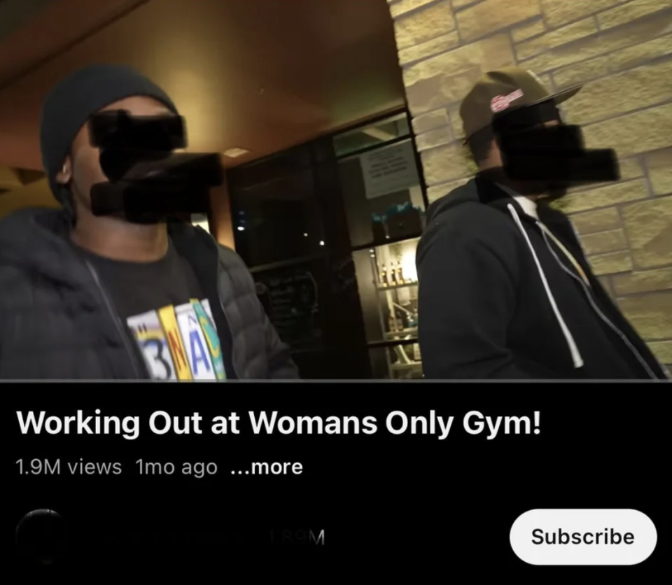 Two people with obscured faces outside a building with the text "Working Out at Womans Only Gym!" on the screen