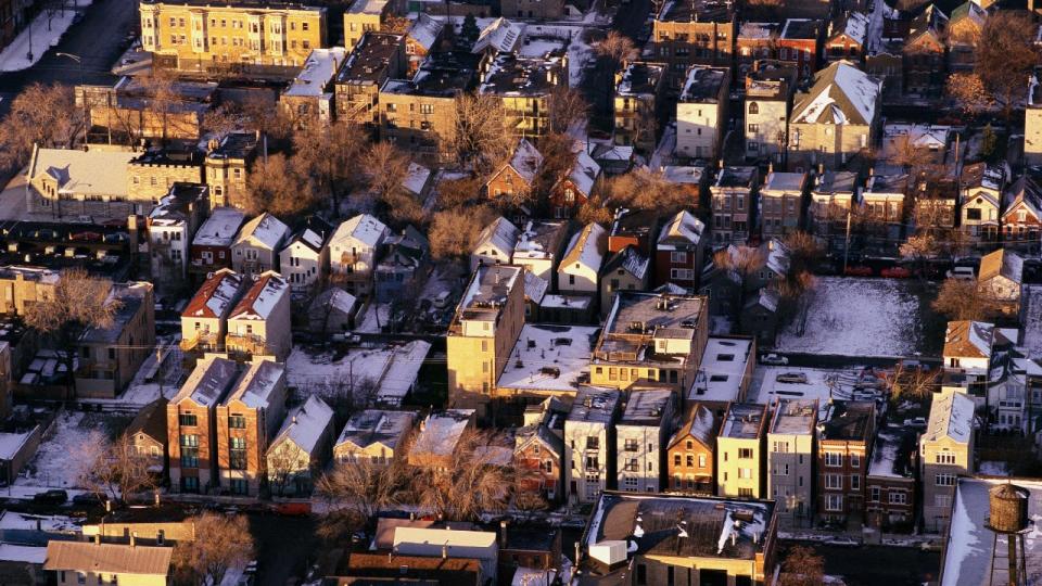 Aerial view of wintry Chicago suburbs