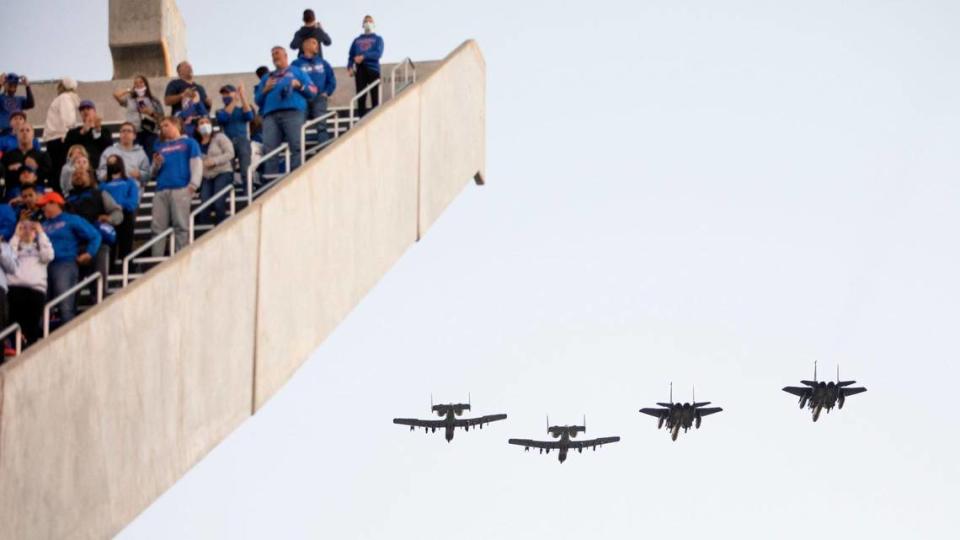 Mountain Home Air Force Base F-15 jets join A-10s from the Idaho Air Guard based at Gown Field for a flyover at Albertsons Stadium before the Boise State vs. Air Force football game Saturday.