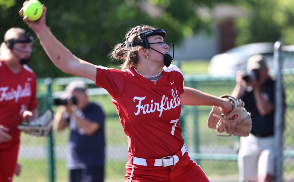 Megan Spence shared the pitching load in 2023 with senior Ryleigh Peters. She is the main pitcher this season as Fairfield searches for its first league title since 2014.