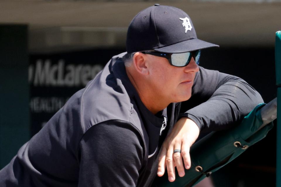 Tigers manager A.J. Hinch watches from the dugout in the first inning of a doubleheader against the Pirates May 4, 2022  at Comerica Park.